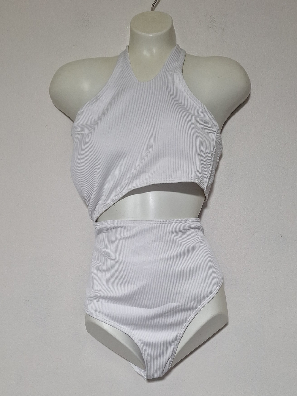 Yonique White Ribbed One-Piece Swimsuit Center Cutout